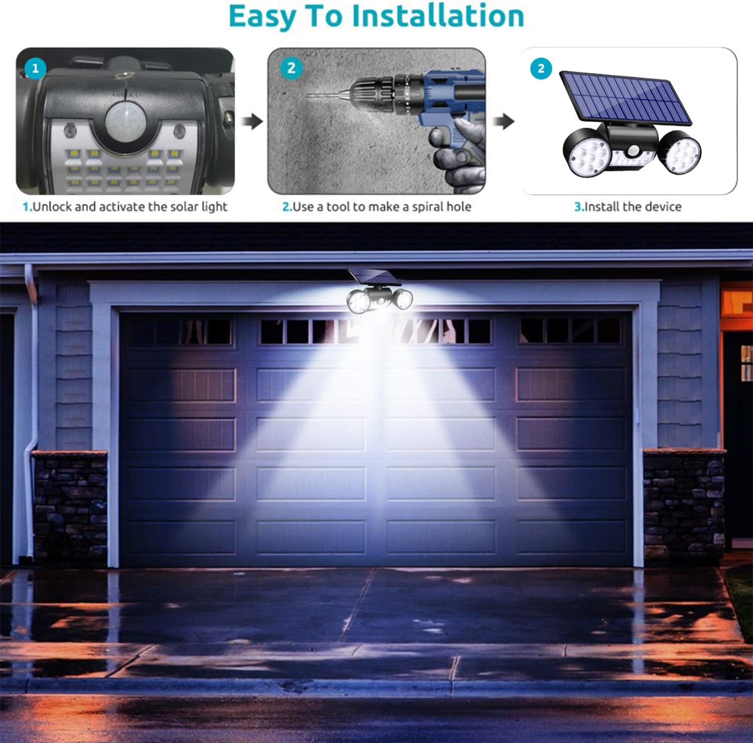 Ambaret Outdoor Solar Lights, 30 LED Solar Security Lights with Motion Sensor Dual Head Spotlights IP65 Waterproof 360° Adjustable Solar Motion Lights Outdoor for Yard Garden Garage Patio 2 Pack - - 