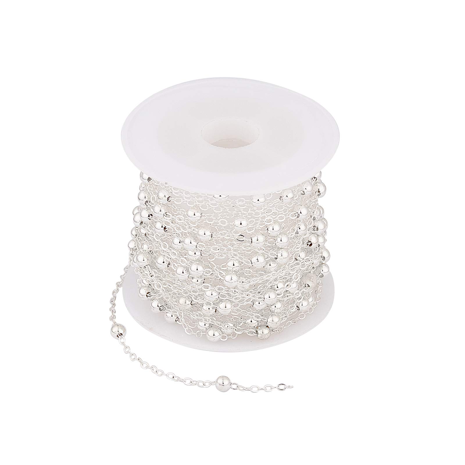 arricraft 10m Brass Satellite Chains with Beads, Flat Oval Cable Charms Unwelded Silver Chains for Jewellery Making, 2.2x1.7x0.23mm