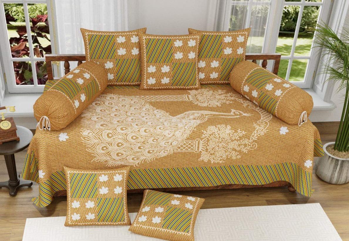 SKHD Traditional Peacock Cotton Diwan Set with Bolster & Cushion Cover