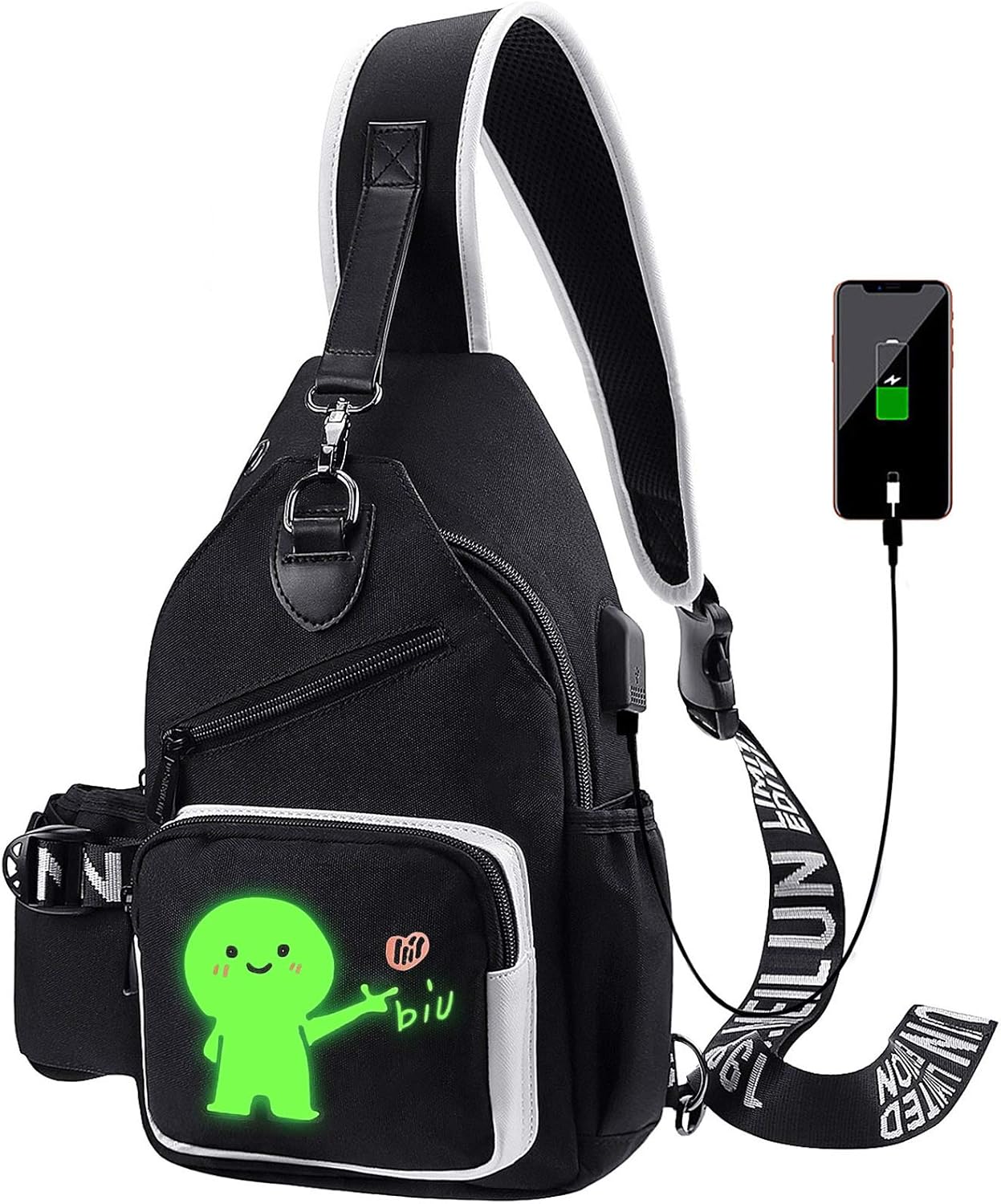 Xinveen Luminous Sling Bag Cross Body Shoulder Backpack Multifunction Chest Bag with USB Charging Port for Men Boys Travel Sports Cartoon Figures