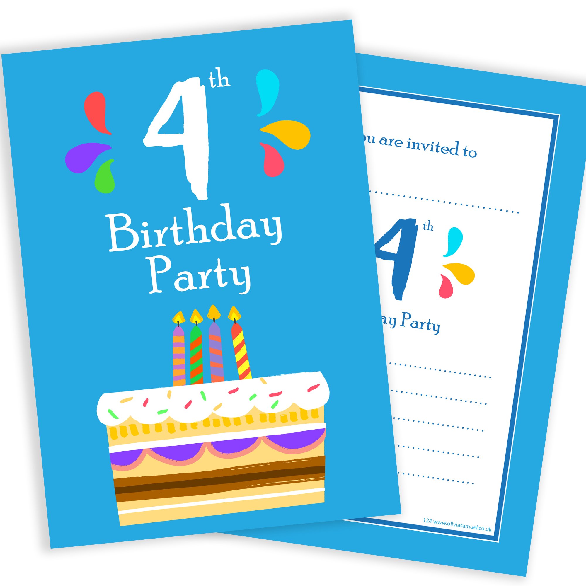 Olivia Samuel 20 x 4th Birthday Party Invitations from 4 Candle Blue Cake Design - A6 Postcard Size with envelopes