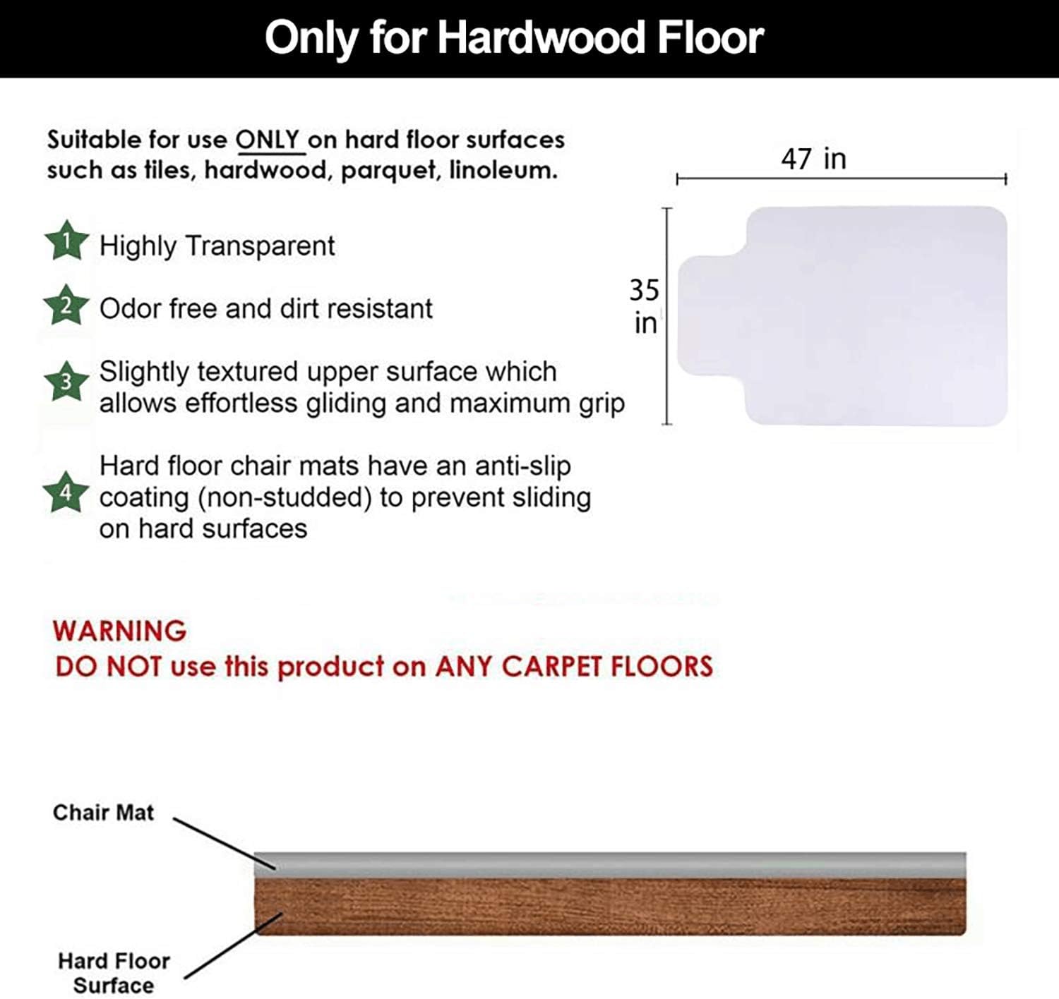 Office Chair Mat for Hardwood Floor with 35''×47'', Tile Floor Protector PVC Transparent, Heavy Duty Clear Wood, Polyethylene Hard Floor Mat for Computer Desk : Office Products