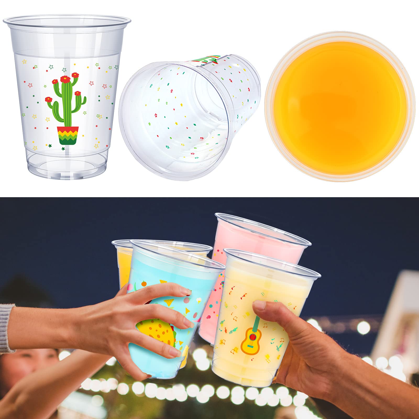 meekoo 100 Pack 12 oz Fiesta Cups Plastic Mexican Cups Clear Disposable Mug Cinco De Mayo Party Decorations for Fiesta Taco Birthday Party Drinkware Supplies, 4 Styles