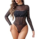 Avidlove Women Mesh Bodysuit Lingerie Mock Neck Long Sleeve Sheer Rhinestone Going Out Top
