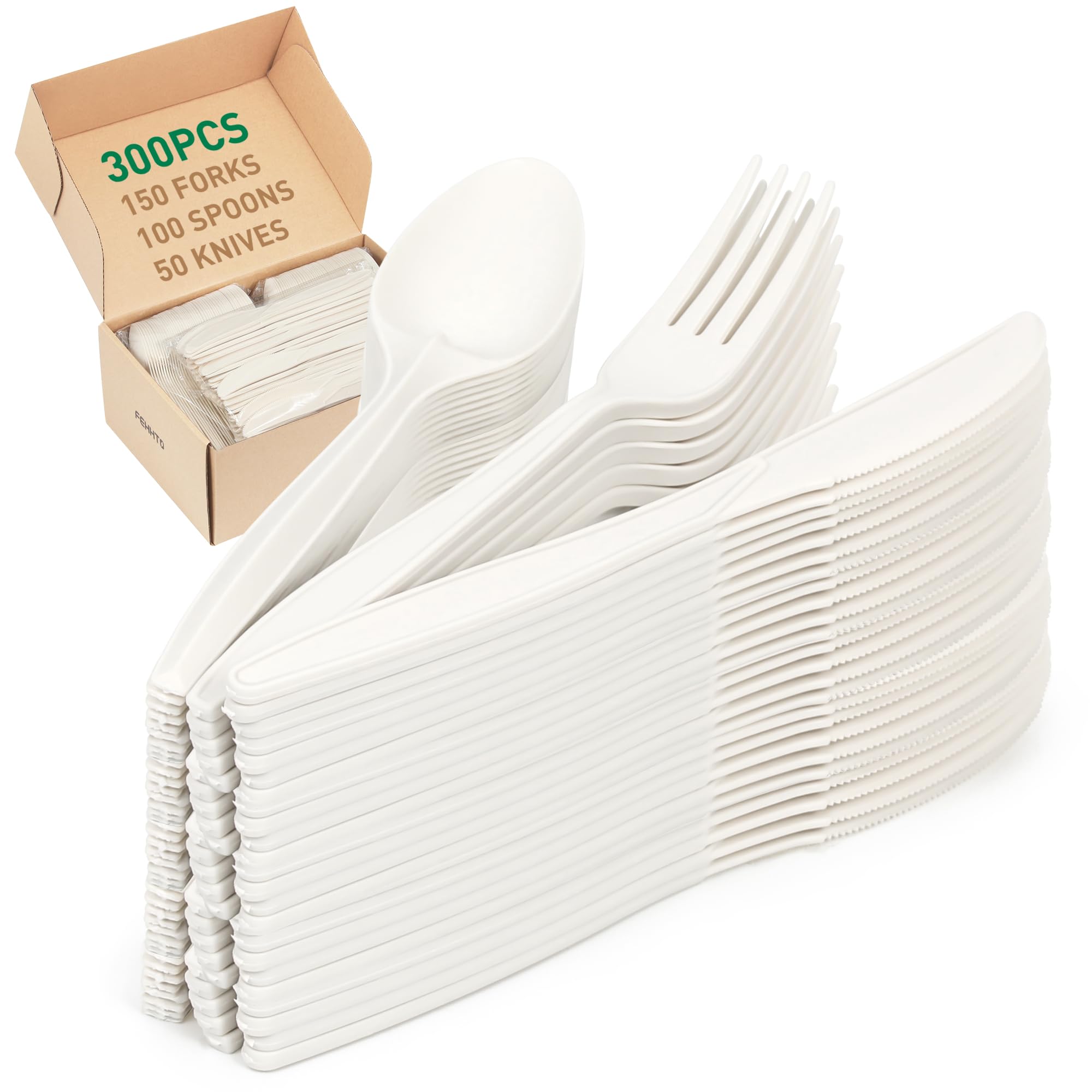 Photo 1 of FEHHTO 100% Compostable Cutlery Set, 300pcs (150 Forks,100 Spoons,50 Knives) Disposable Cornstarch Utensils Heavy Duty BPI Certified Eco-Friendly Party Supplies No Plastic, Ivory White