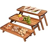 GEHE 3 Tier Serving Tray Acacia Wooden Tiered Tray Stand Foldable Dessert Table Display Set Decor Charcuterie Boards for Party, Birthday, Wedding, Christmas