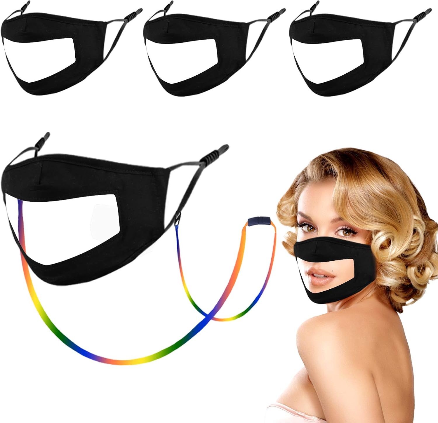 Clear See Through Face Mask Women Men, Transparent Mouth Window Plastic Black