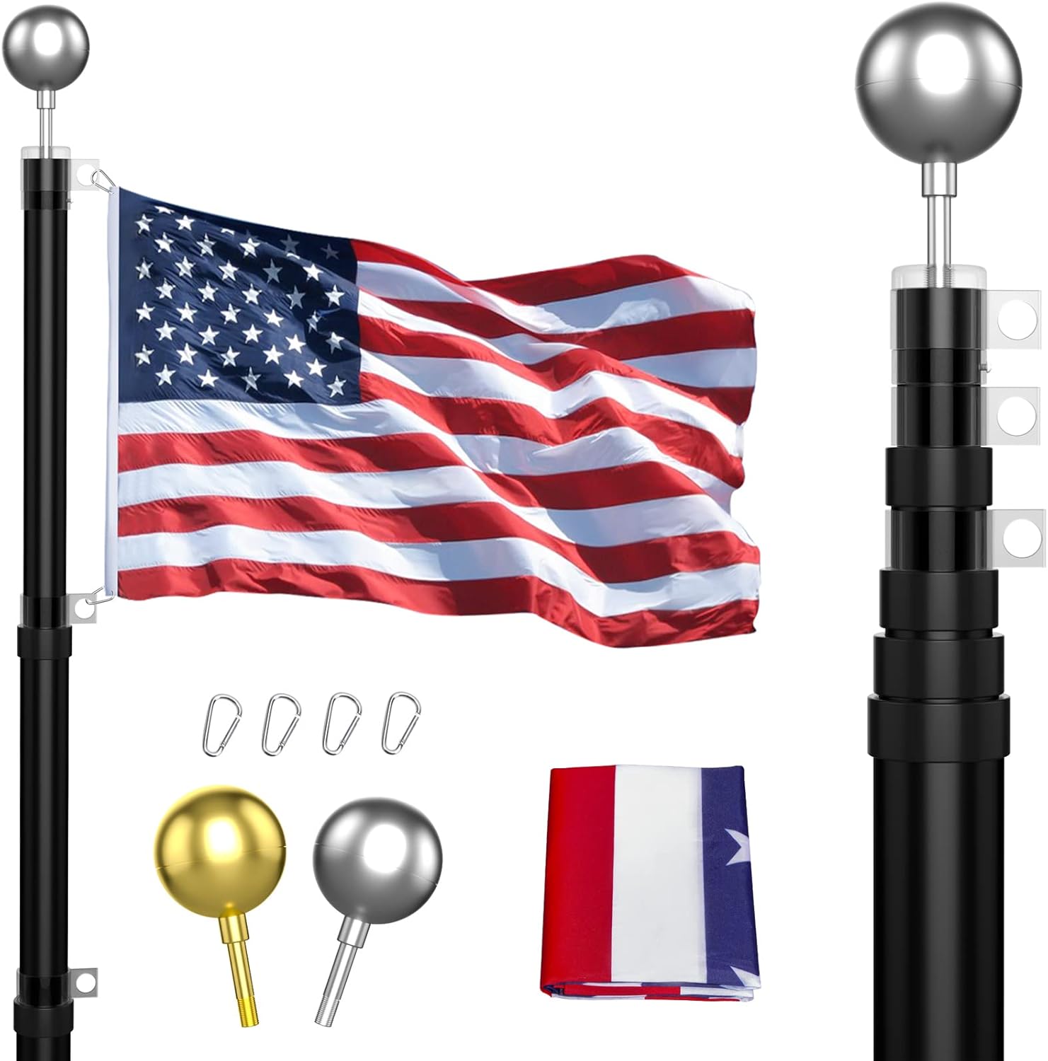 Flagpole Hardware - Panta 25FT Telescopic Flag Pole Kit, Black Heavy Duty Aluminum Telescoping Flagpole, Outdoor Inground Large Telescope Flag Poles with 3x5 USA Flag for Yard, Commercial or Residential