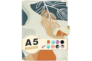 CONVEND A5 Refillable 6 Ring Faux Leather Budget Binder,Mini Notebook Binder Cover for A5 Filler Paper,Loose Leaf Personal Planner Cover with Magnetic Buckle Closure(White Leaves)