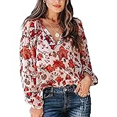 MLEBR Womens Blouses Summer V Neck Long Sleeve Flower Floral Blouses Tops Shirts Tunics Casual for Work Loose Style Small