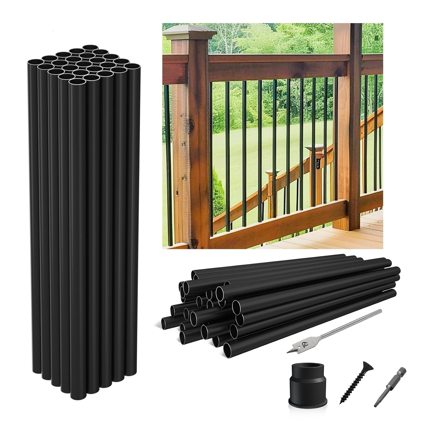 Photo 1 of 32"-50Pack Aluminum Deck Balusters Hollow Round Deck Railing Spindles Matte Coated Black for Wood and Composite Deck Indoor Outdoor