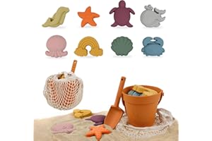 Yutesiri 11Pcs Beach Toys, Silicone Beach Toys, Baby Sand Toys, Sand Toys with Bucket, Shovel, 8 Sand Molds, Mesh Bag, Travel Beach Sand Toys for Kids Ages 3+