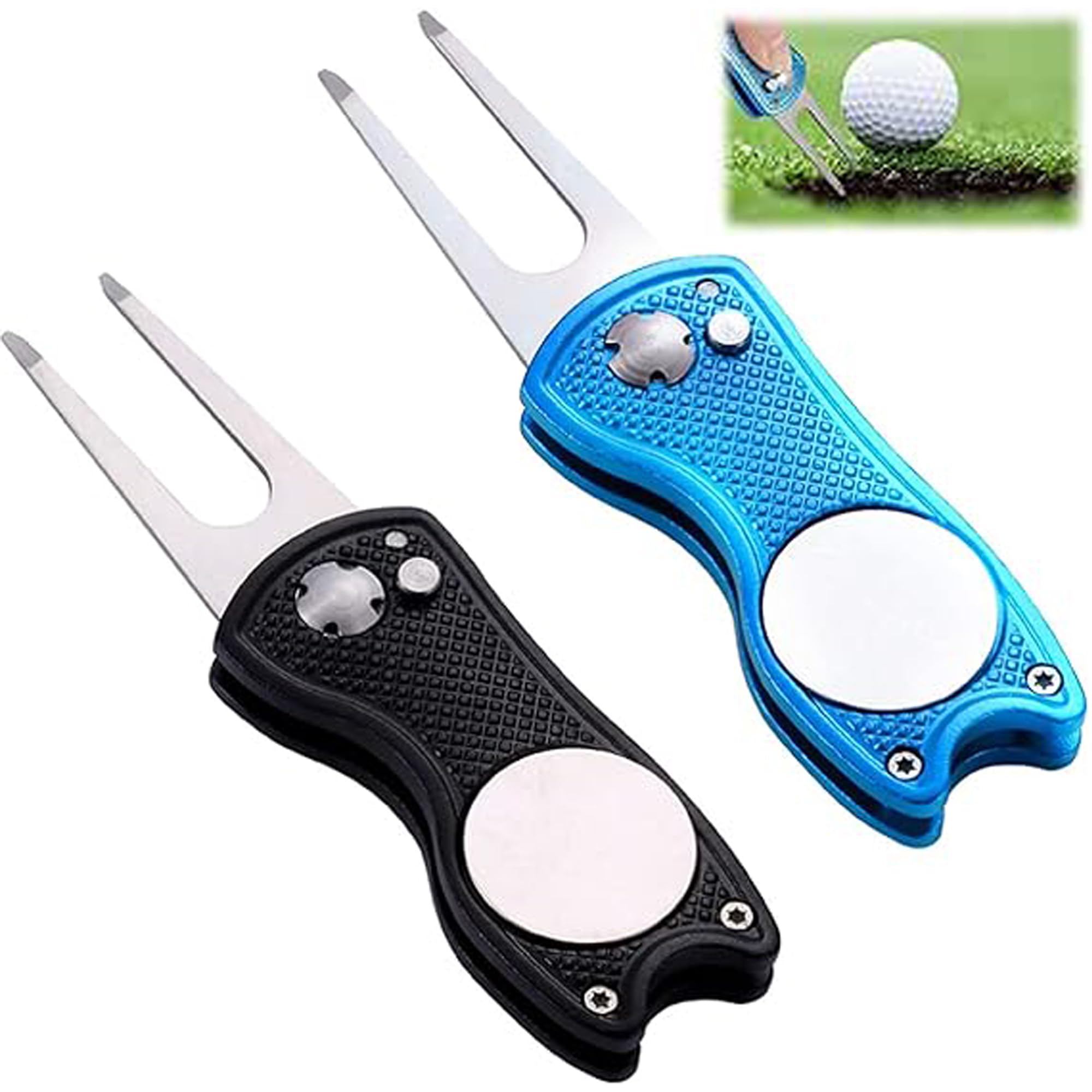 FGXY 2PCS Stainless Steel Golf Divot Repair Tool, Metal Foldable Golf Divot Tool, Golf Divot Tool, Divot Repair Tool with Pop-up Button, with Pop-up Button & Magnetic Ball Marker, Pitch Mark