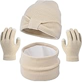 Kids Winter Beanie Hat Scarf Gloves Set for Girls Boys Age 3-10Y,Cute Bow Cuffed Knitted Hat Neck Scarf with Fleece lined