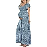 Floral Print V Neck Maternity Dress Boho Baby Shower Photoshoot Smocked Flutter Sleeve Split A Line Dress
