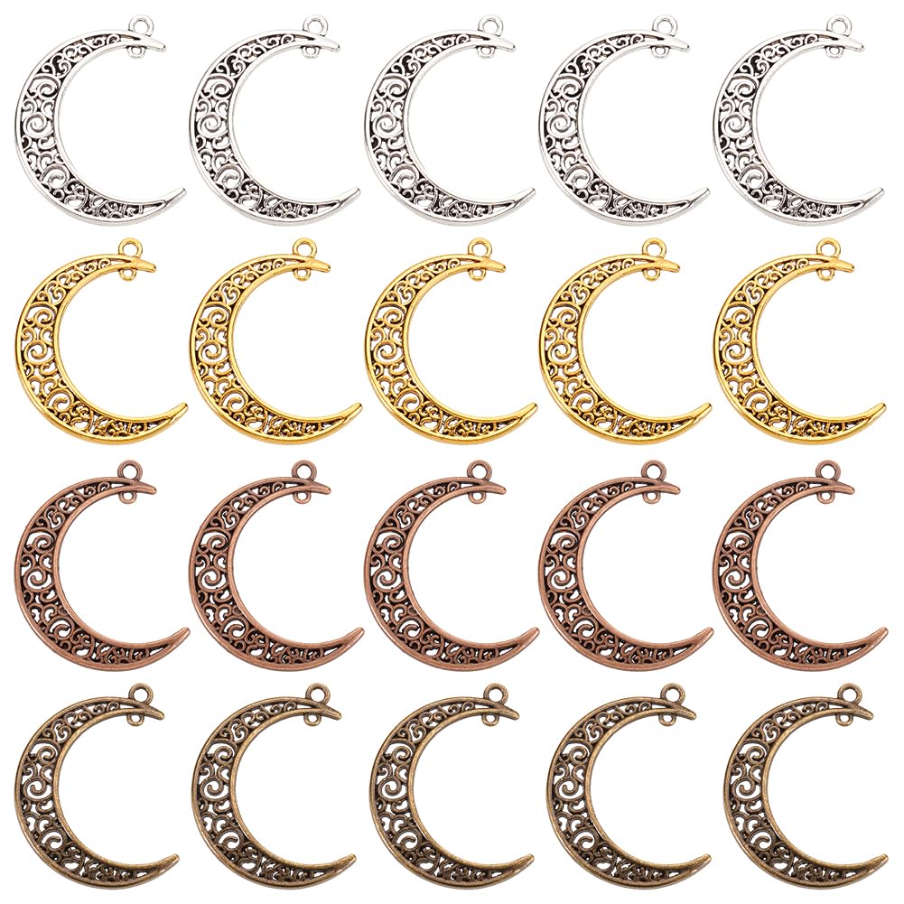 PH PandaHall 40 pcs 4 Colors Tibetan Style Alloy Hollowed Moon Charms Pendant for Necklace Bracelet Jewellery DIY Craft Making, Antique Bronze/Antique Golden/Antique Silver/Red Copper