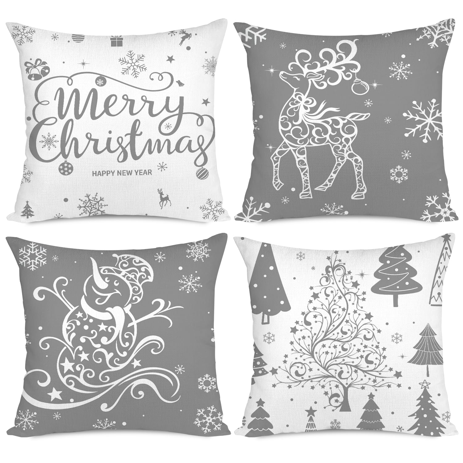 Miaikoe Christmas Cushion Covers - Set of 4 Decorative Holiday Pillow Cases with Trees, Deer, Snowman, Merry Christmas Design (Grey, 40x40cm)