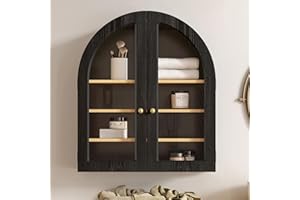 EYYTHUNG Large Arched Wall Cabinet, Bathroom Medicine Cabinet Wall Mounted Cupboard, Modern Floating Storage Cabinet with Acrylic Door Adjustable Shelf, Wood Organizer (Black-Oak)