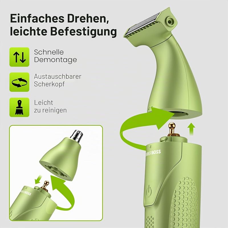 3-in-1 Präzisionstrimmer Herren Bart und Haarpflegeset für Männer, Körperpflege, Nasen- und Ohrentrimmer, wiederaufladbarer kabelloser Rasierer (Grün)