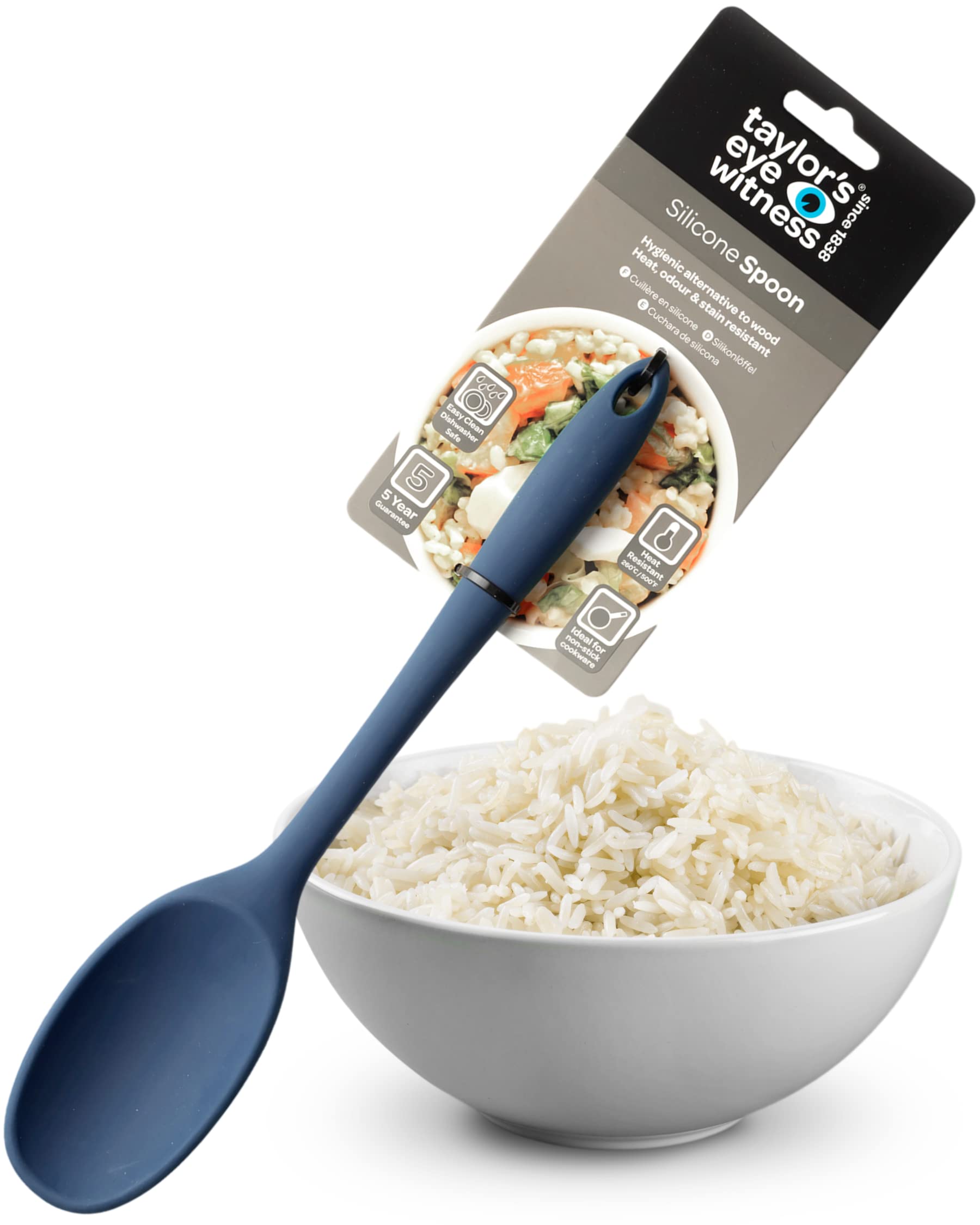 Taylors Eye Witness Large Silicone Denim Blue Stirring Spoon - Dishwasher Safe. Perfect For Non-Stick Pans. Hygienic Alternative To Wood. Odour, Stain & Heat Resistant (260°C/500°F). 5 Year Guarantee.