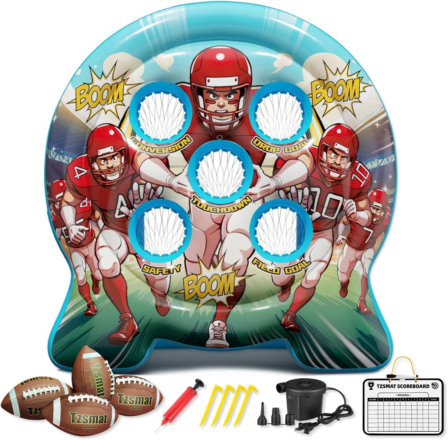 Photo 1 of 6Ft Inflatable Football Target Toss Game - Giant Outdoor Carnival Party Games for Backyard & Tailgate - Arcade Sports Toy with Electric Pump - 4 Easy-Grip Balls Gifts for Boys 3 4 5 6 7 8-12 Year Old