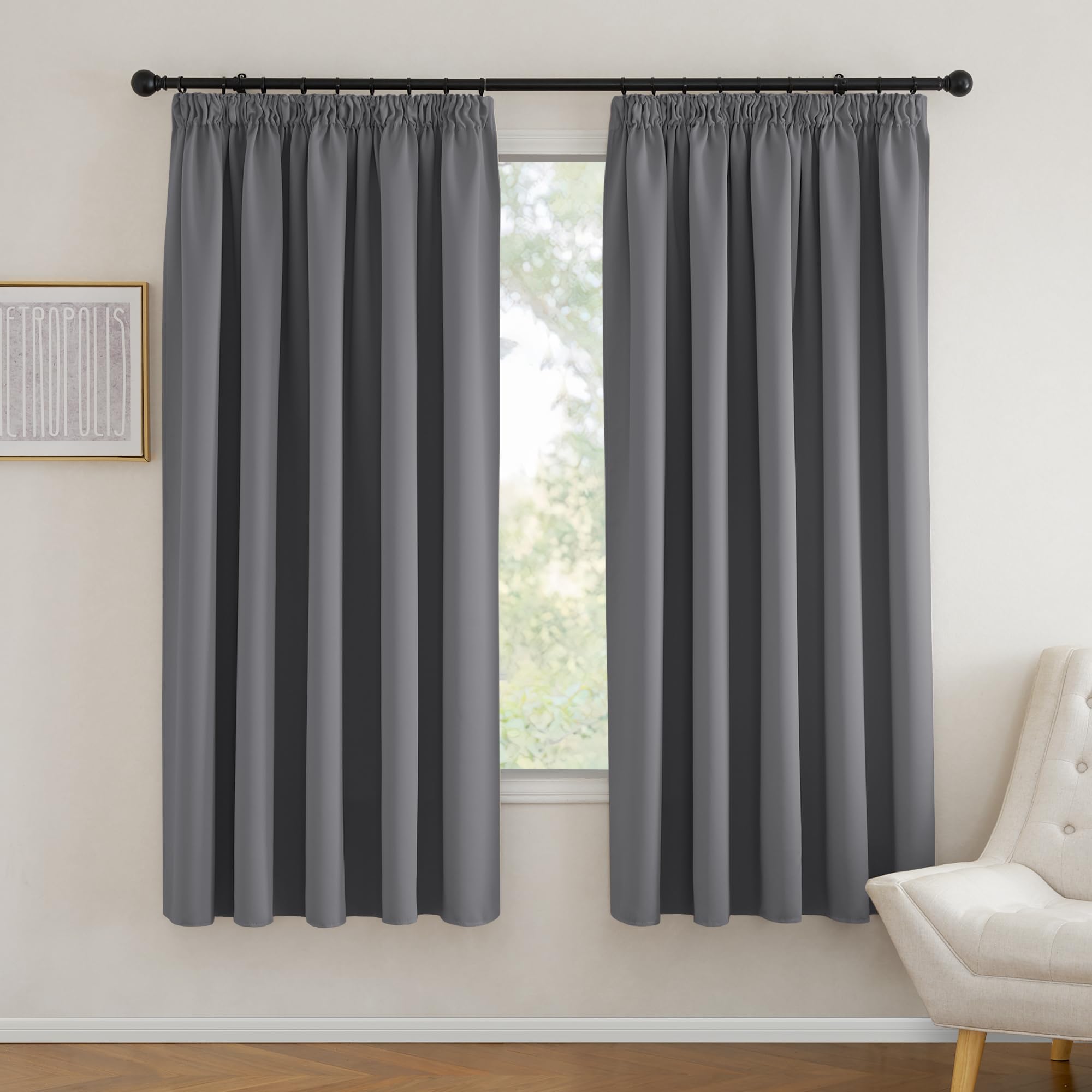 PONY DANCE Grey Blackout Curtains for Living Room Pencil Pleat Thermal Insulated Curtains 90x72 Inch for Window Treatment Extra Wide Curtains with Hooks for Track, W90 X L72, Gray