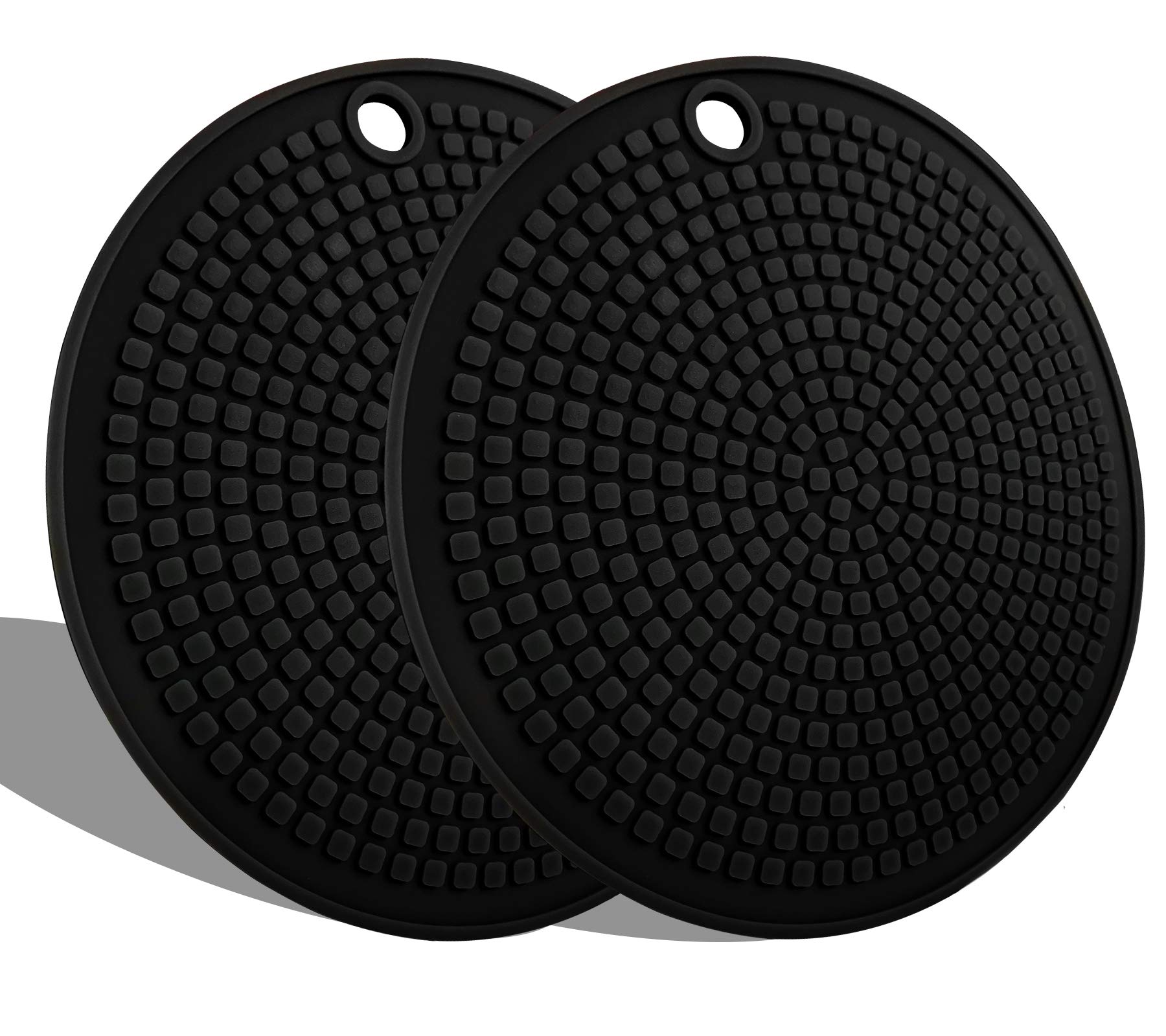 LogHog Round Silicone Trivets Set of 2, Nonslip Ultra Soft Pot Holder Oven Mitts, Hot Pads for Kitchen Countertop,Multi-Purpose,Flexible Mats Heat Resistant Up to 464°F(2X Granular Black)