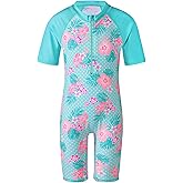 TFJH E Short Sleeve Girls Swimsuits UV 50+ One Pieces Bathing Suits Zipper 2-14Y