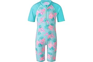TFJH E Short Sleeve Girls Swimsuits UV 50+ One Pieces Bathing Suits Zipper 2-14Y