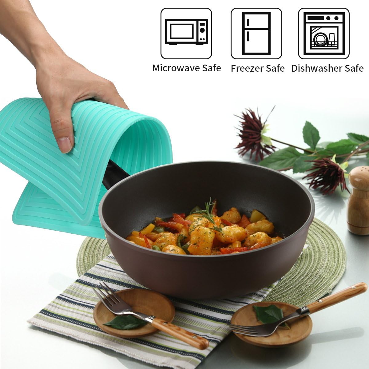 2 Pack Large Silicone Trivet Mats/Hot Pads,Pot Holder,9"x12" Non Slip Flexible Durable Heat Resistant Pot Coaster Kitchen Table Countertop Mats (Cyan) - Image 5