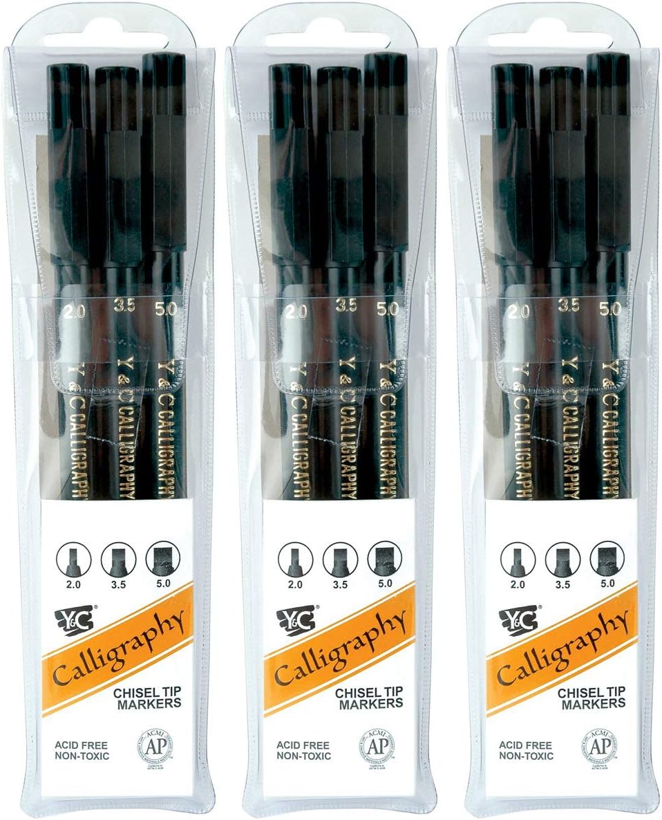 Yasutomo Y and C Water Based Calligraphy Markers, Chisel Tip, Assorted Sizes, Black, Pack of 3-443609 (Тhrее Pаck)