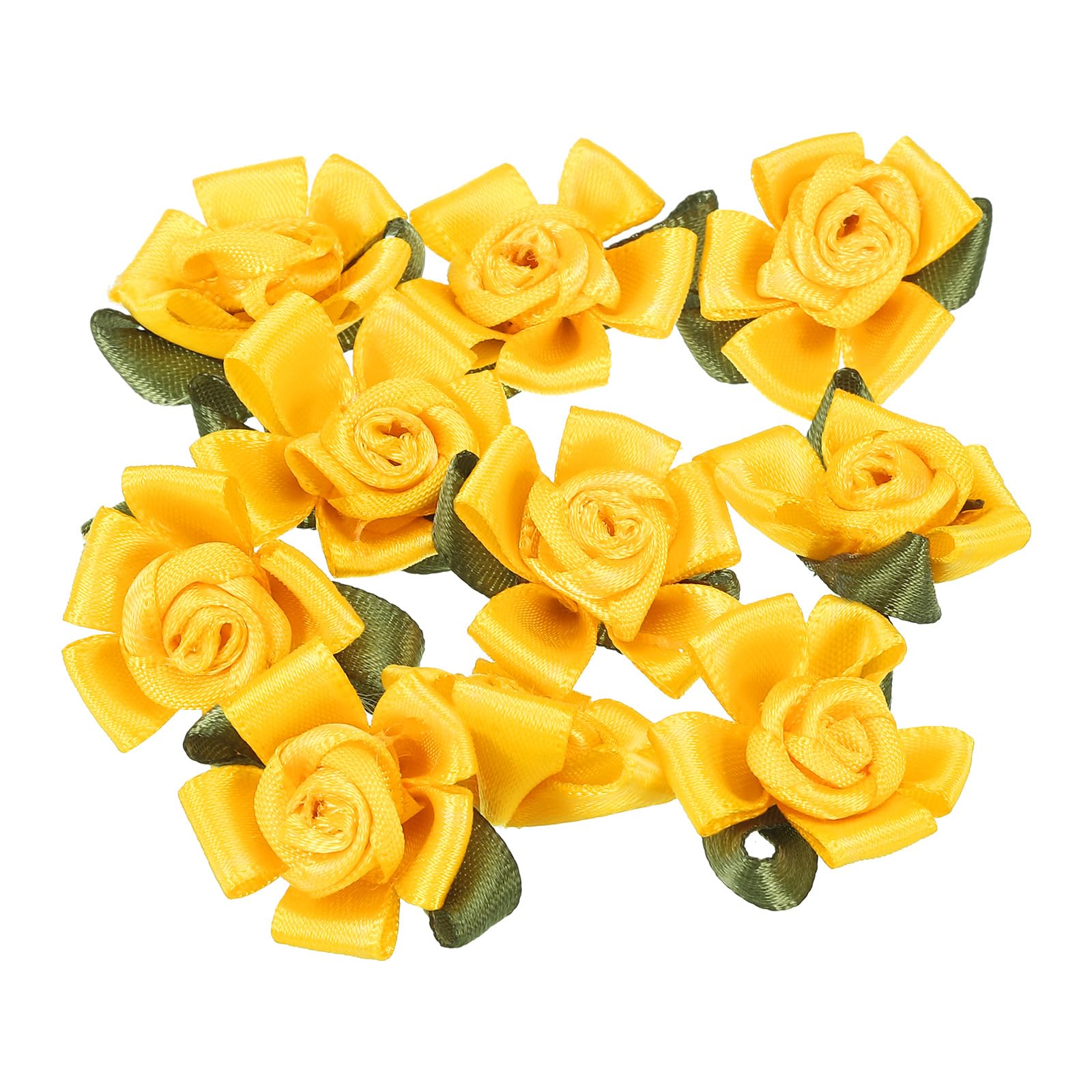 PATIKIL Mini Satin Ribbon Roses, 10 Pcs Small Rosettes Fabric Flowers with Green Leaves for Craft Projects Embellishments Applique, Yellow — image 1