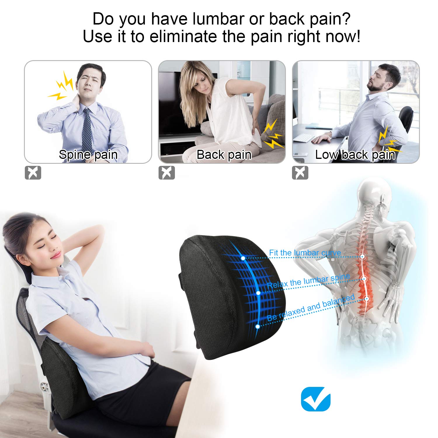 Tdbest Lumbar Support Pillow Premium Cooling Gel and Memory Foam Lumbar Cushion Lower Back Pain Cushion (Black)