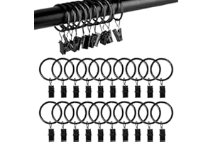 1.5 inch Curtain Rings, 20 Pcs Black Curtain Hook Clips, Metal Curtain Rings with Clips for Holding Curtains Rod Set and Drap