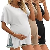 Riyiper 3 Pack Women's Maternity Tunic Shirts Cotton Summer Pregnancy Clothes Loose Oversized Split Side Blouse Tops