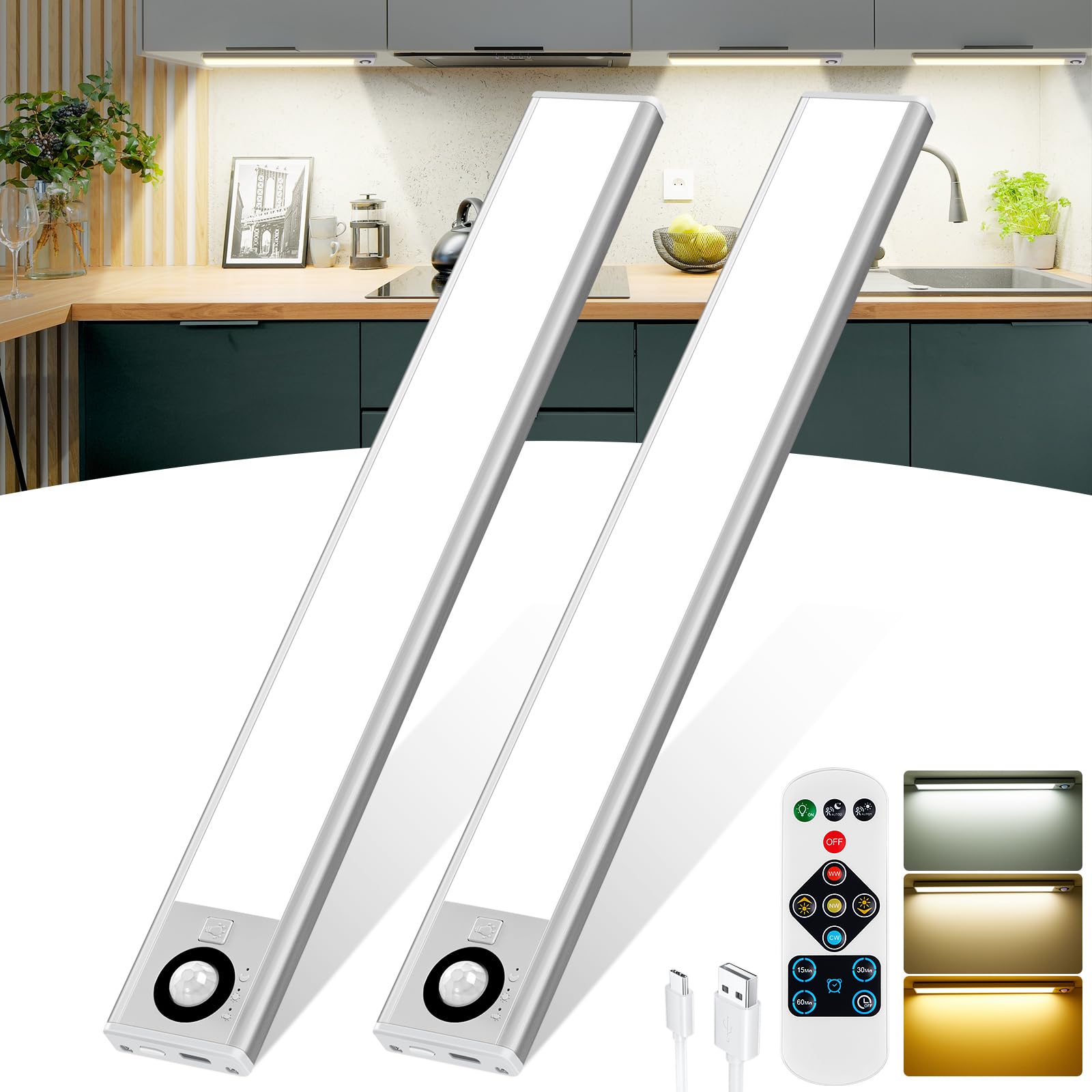 QNUJN Under Cabinet Kitchen Lights, 72 LED Motion Sensor Lights Indoor, 2200mAh Type-C Rechargeable, 3 Color Temperature Dimmable, 30cm Night Light with Remote for Cupboard, Closet, Stairs, 2 Pack