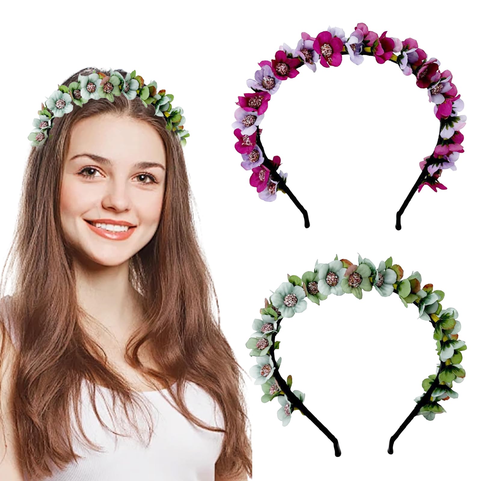 BSITSSS 2 PCS Floral Crown Flower Headband for Women Girls, Flower Crown Headband Boho Floral Headpiece Hair Band Wreath Party Festival Hair Accessories (Pink, Green)