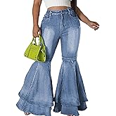 Cute Bell Bottom Jeans for Women High Waist Flare Jeans Patchwork Pleated Layered Ruffle Hem Wide Leg Denim Long Pants