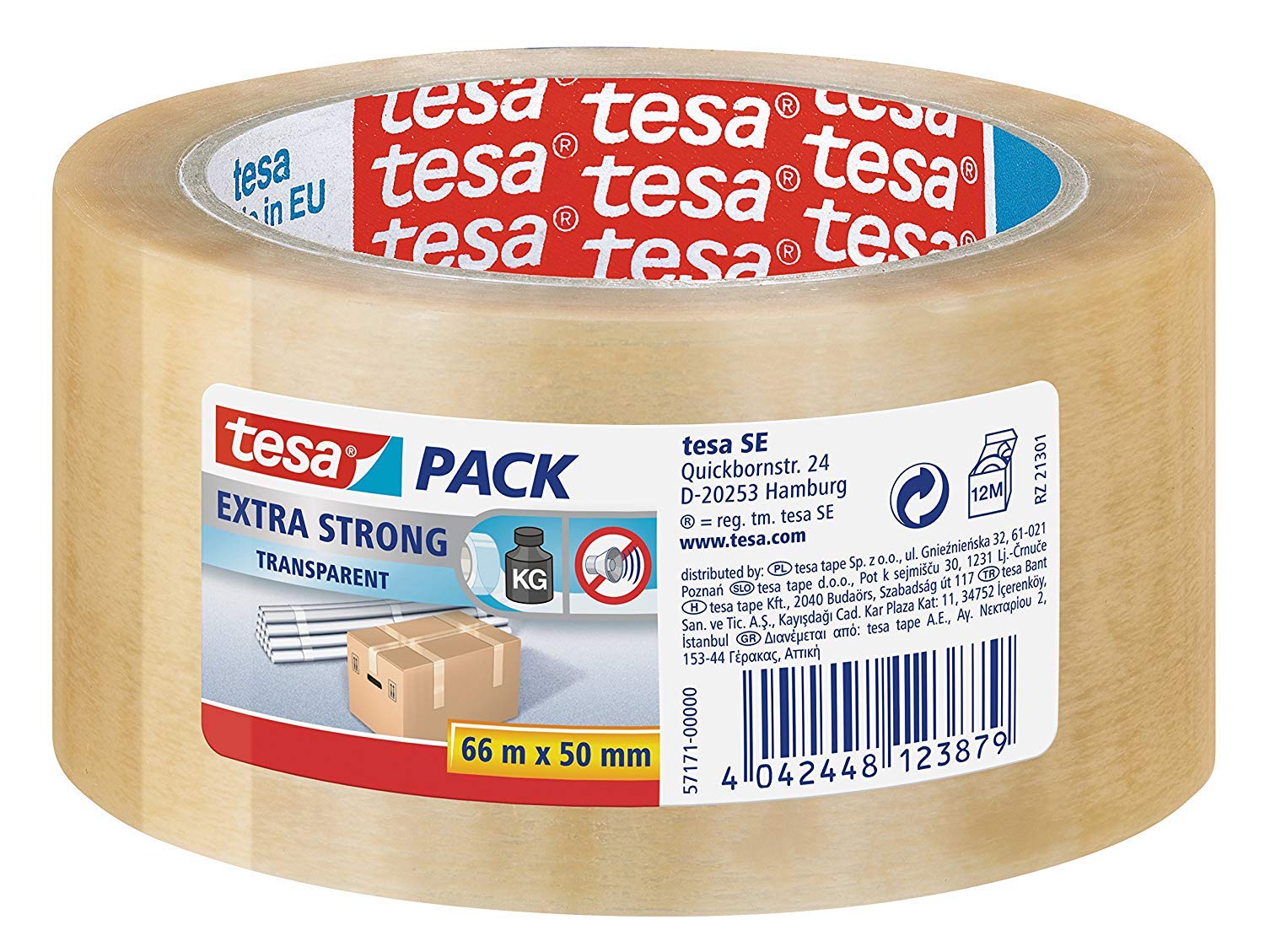 tesa Extra Strong PVC Packing Tape for Packing Heavy Parcels and Boxes, Clear, 6 Pack, 66 m x 50 mm