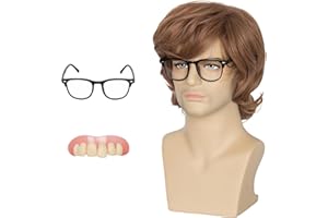 Koonfan Short Golden Brown Shaggy Wig Men Austin Costume Hair with Black Glasses and Fake Teeth Halloween Wigs