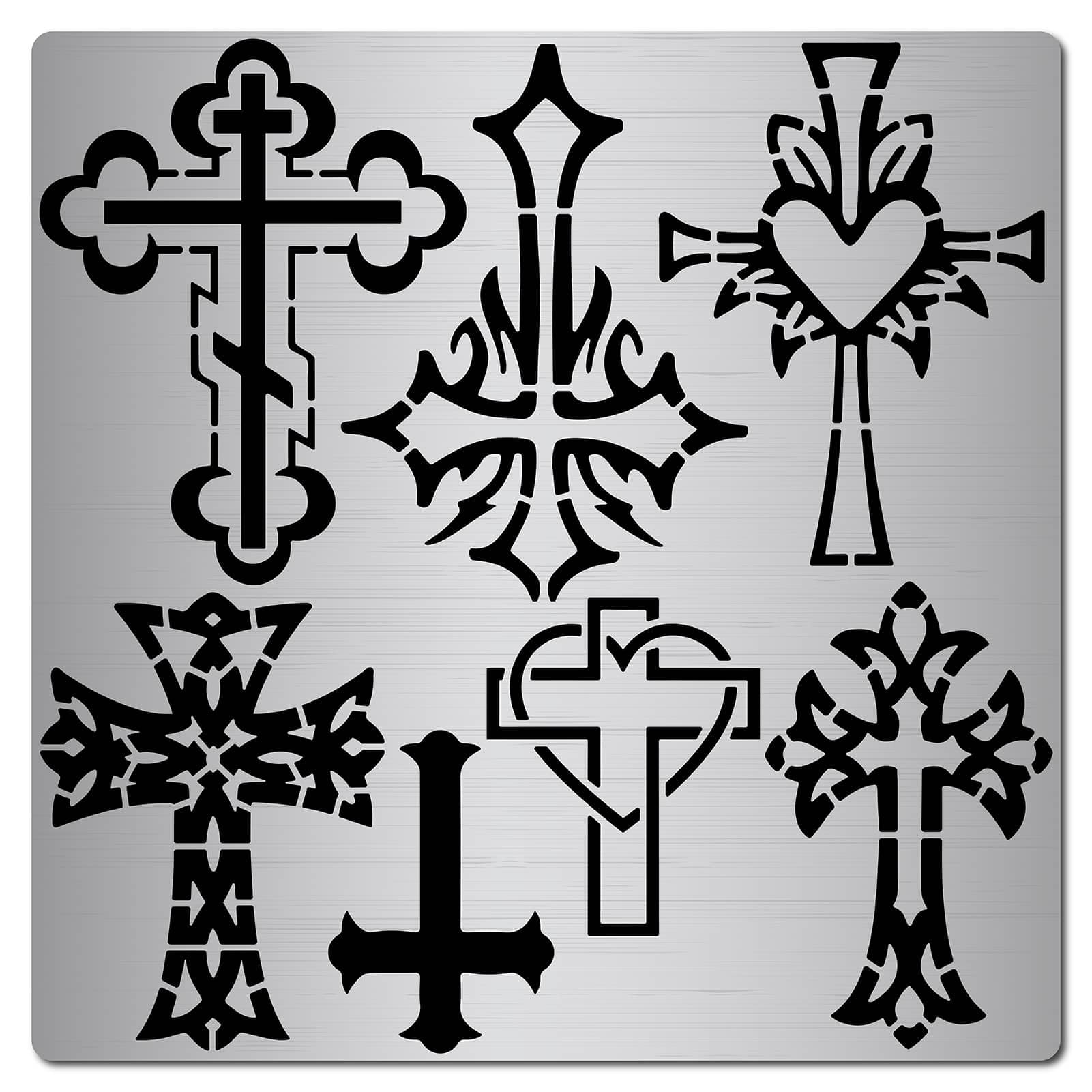 GORGECRAFT 16x16cm 7 Styles Cross Metal Stencil Christian Metal Template Stainless Steel Journal Planner Stencils for Wood Burning Drawing Carving Pyrography Painting on Wood Crafting