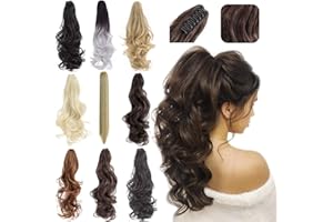 Felendy Ponytail Extension Claw 18" 20" Curly Wavy Straight Clip in Hairpiece One Piece A Jaw Long Pony Tails for Women Medium Brown