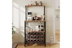 YITAHOME Kitchen Microwave Bakers Stand with Wine Rack, Wine Rack Freestanding Floor Small Storage Shelves for Liquor Bottle Glasses Power Outlet Farmhouse Coffee Bar 31 Inch, Rustic Brown