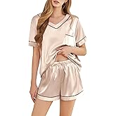 SHEFOTY Silk Pajamas for Women Short Sleeve Satin 2 Piece Pj Set Soft V Neck Sleepwear Loungewear, S-XXL