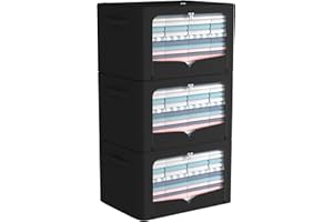 FHSQX 3 Pack Clothes Storage Bins - Foldable Metal Frame Storage Box - Stackable Linen Fabric Organizer Set with Carrying Handles and Clear Window (Black, 19.7x15.7x12.6inch(66L))