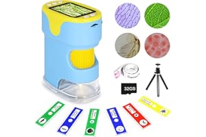 KOZYONE Handheld Digital Microscope for Kids with 2'' HD Screen, 200~1000X Pocket Microscope, Starter Kit with 6 Random Specimen Slides and 32G SD Card Included, Educational Gift for Children Age 6+（Blue）