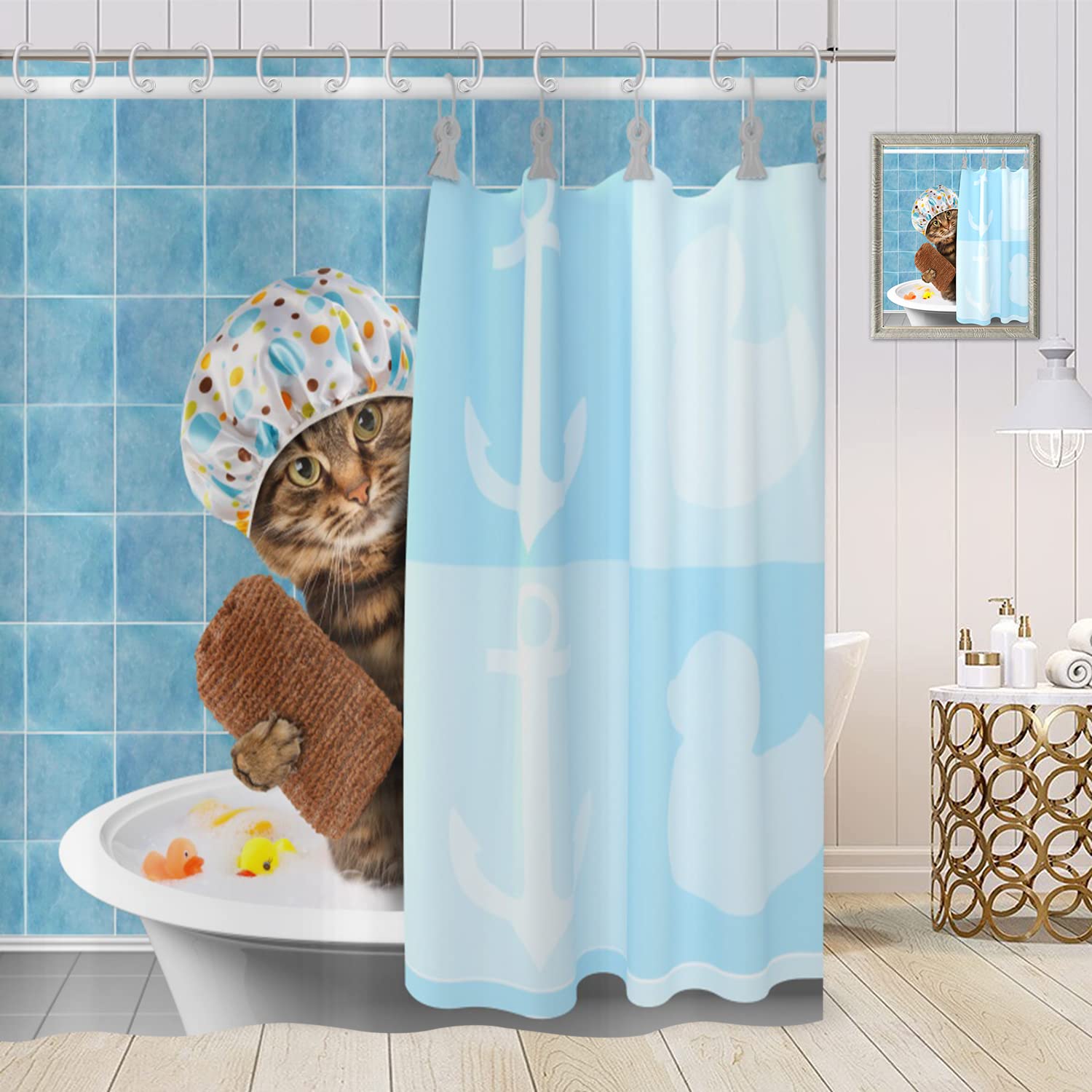 ASDCXZ Shower Curtain Funny 180x200 cm, Blue Funny Cat Bathtub Showers Child Shower Curtains Fabric Washable Polyester Textile Waterproof Shower Curtain for Bathtub with 12 Shower Curtain Hooks — image 1