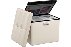 Tamfile Ottoman with Storage, Folding Storage Ottoman with Lock, Vanity Chair with Storage, Fireproof Waterproof Foot Rest Stool with Storage,17 Inches Short Ottoman, Ottoman for Living Room (Beige)