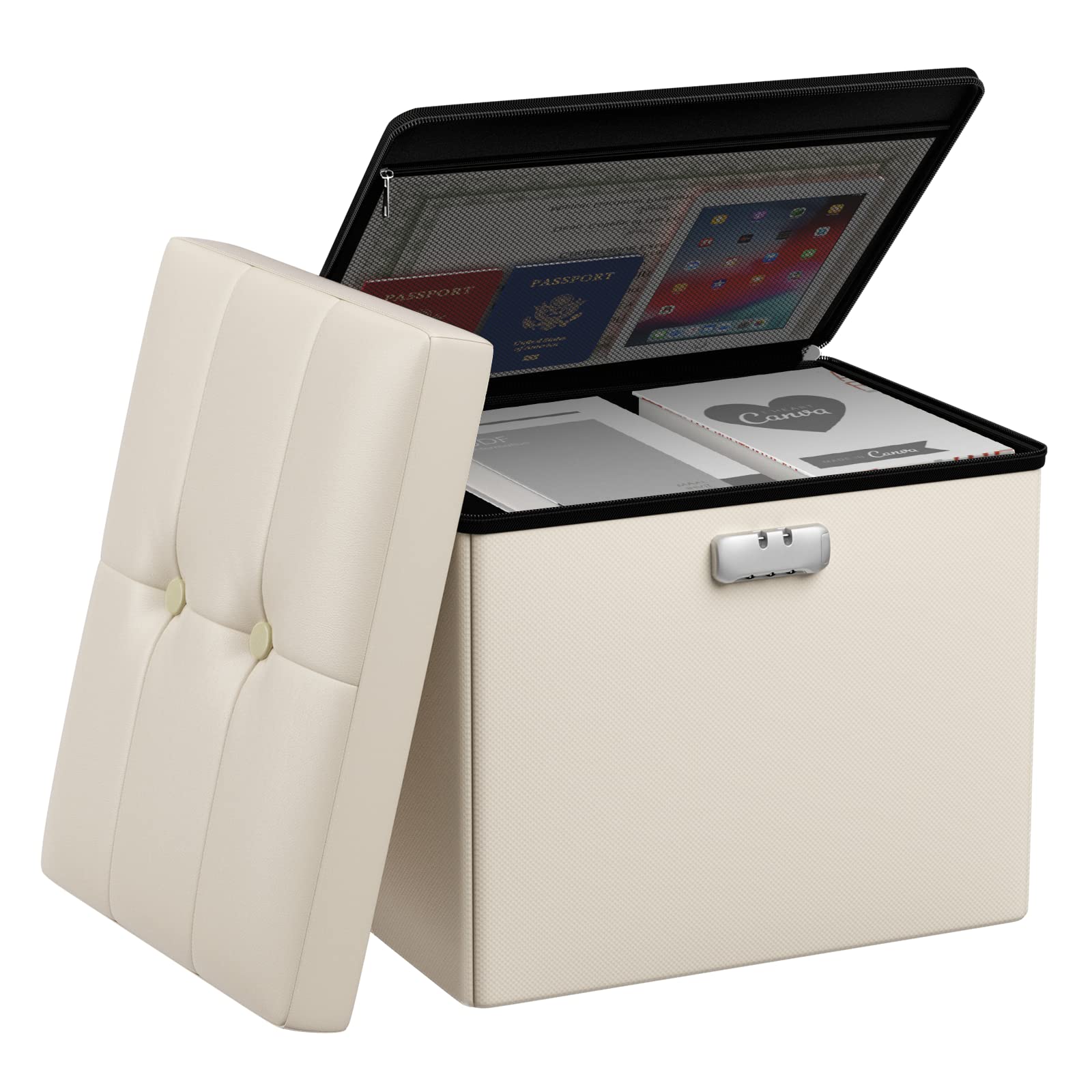 Photo 1 of *Cut on the underside on top* Tamfile Small Ottoman with Storage, 17 x 13 x 13 inch Fireproof Safe Folding Ottoman with Lock for Important Documents, Waterproof Foot Rest Stool with Storage, Ottoman Foot Rest with Handle, Beige