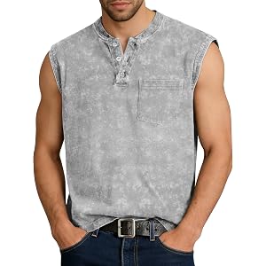 elselect Men's Summer Henley Tank Top Shirts Sleeveless Sports Vest, Retro Classic Button Loose Casual Top Cotton T-Shirt